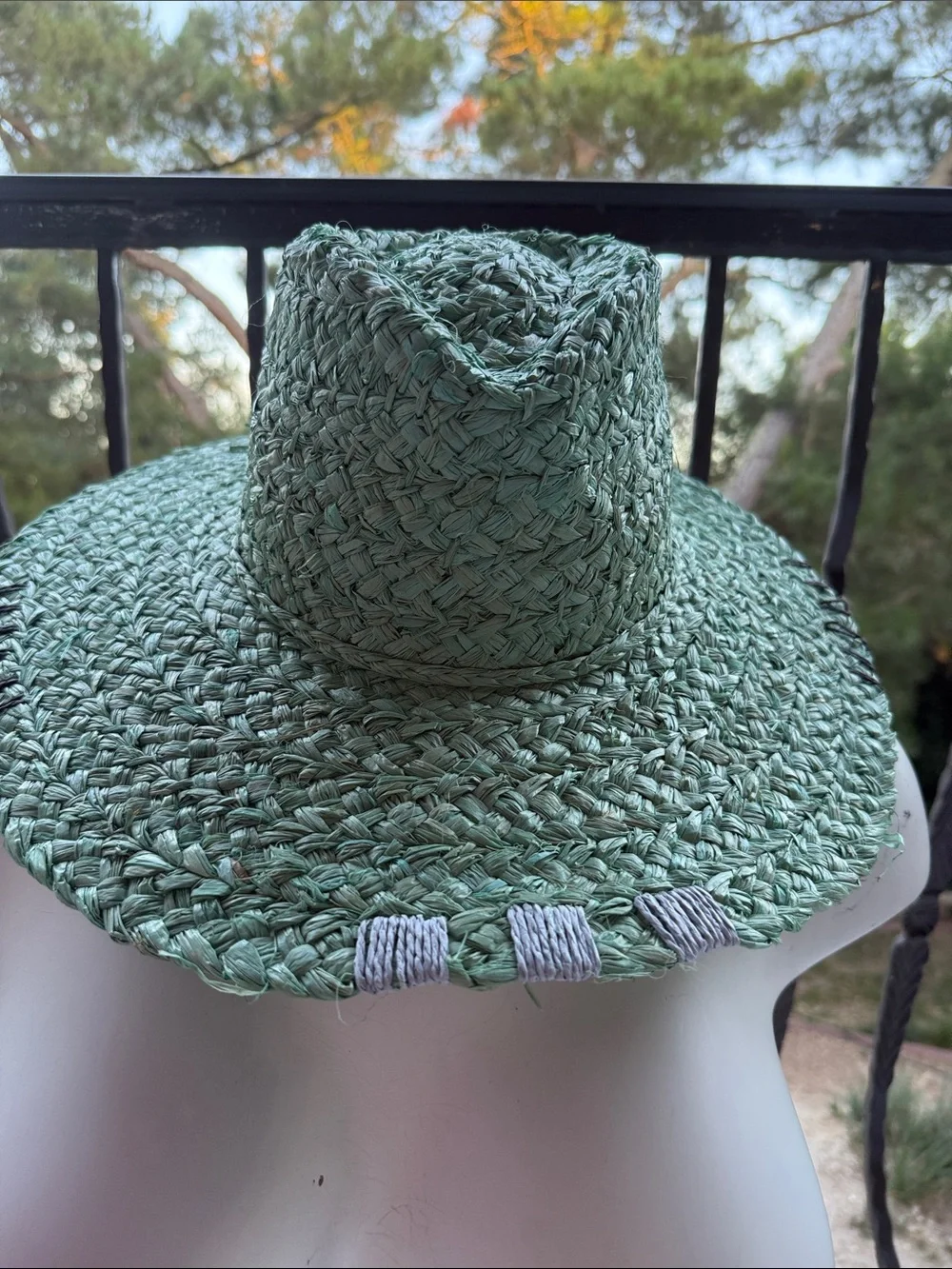 NWT Green Hat Sun Straw 100% paper hand Stitching details OS rancher floppy